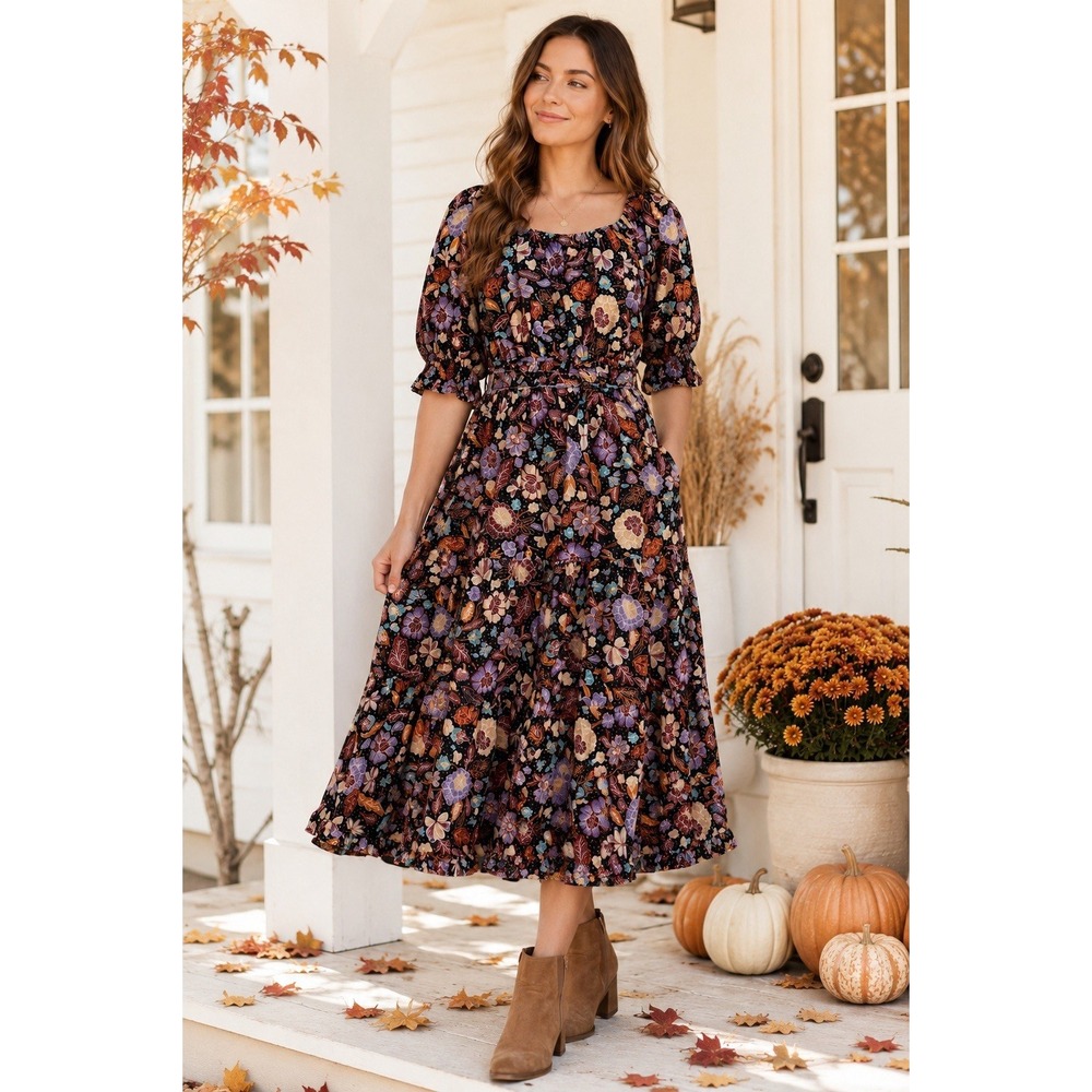 Boho Cottagecore Puff Sleeve Midi Dress 8 Tiered Black Peasant Prairie Romantic